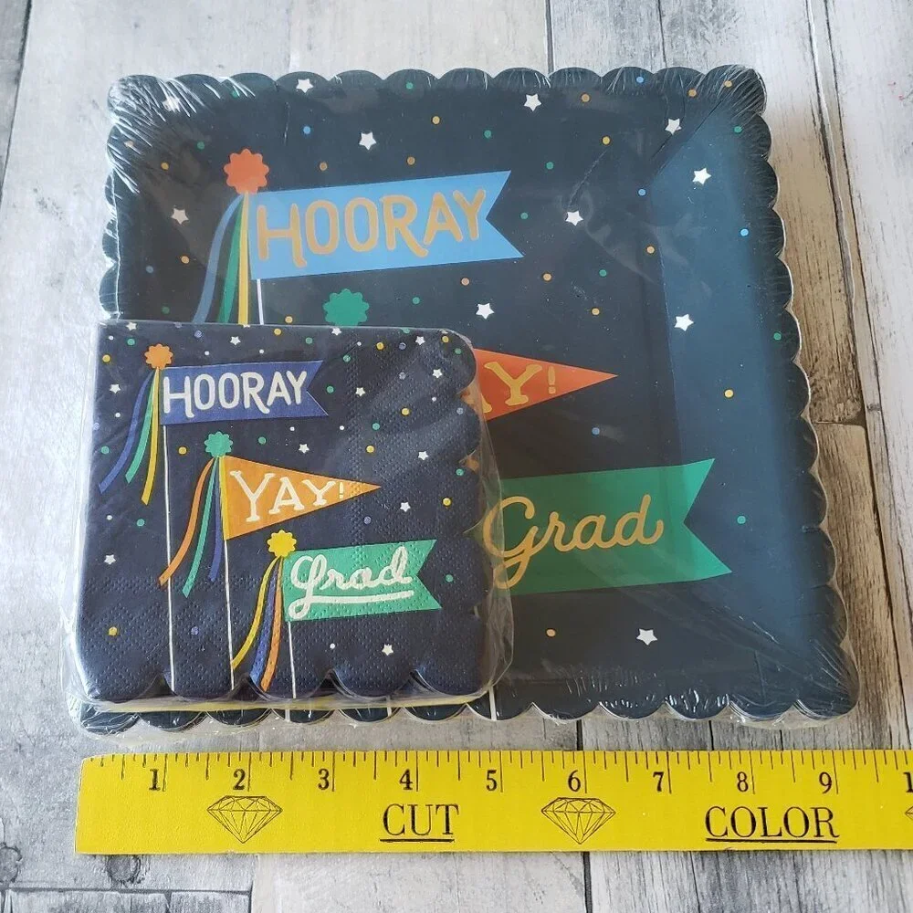 NWT - Hooray Yay Grad Graduation Dark Blue Paper Plates (12) & Napkins Set of 32